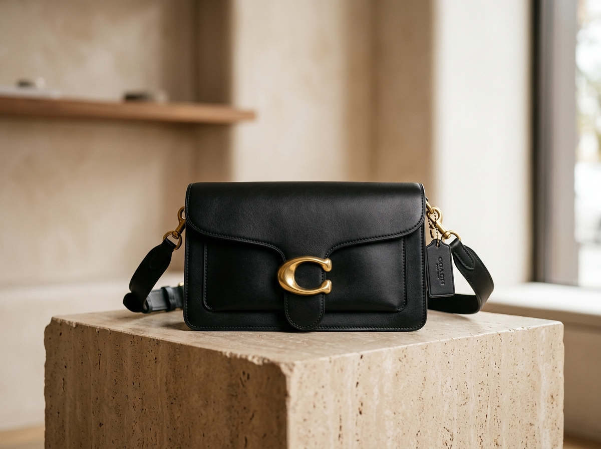 Coach Tabby Shoulder Bag in black leather with brass C hardware - centerpiece of the Live Your Story campaign