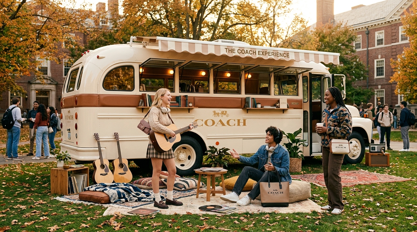Coach Tabby Tour bus on university campus - the live experiential activation of the Coach x Spotify campaign