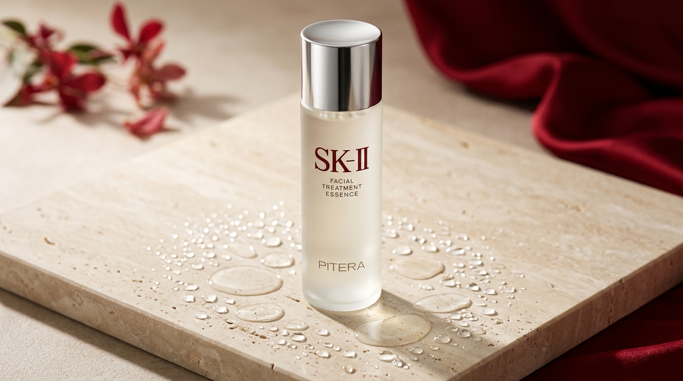 SK-II Facial Treatment Essence bottle on travertine pedestal with crystalline PITERA drops