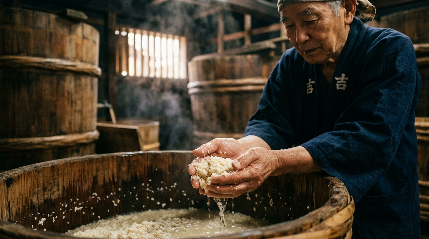 Traditional Japanese sake brewery craftsman hands cupping fermented rice mash