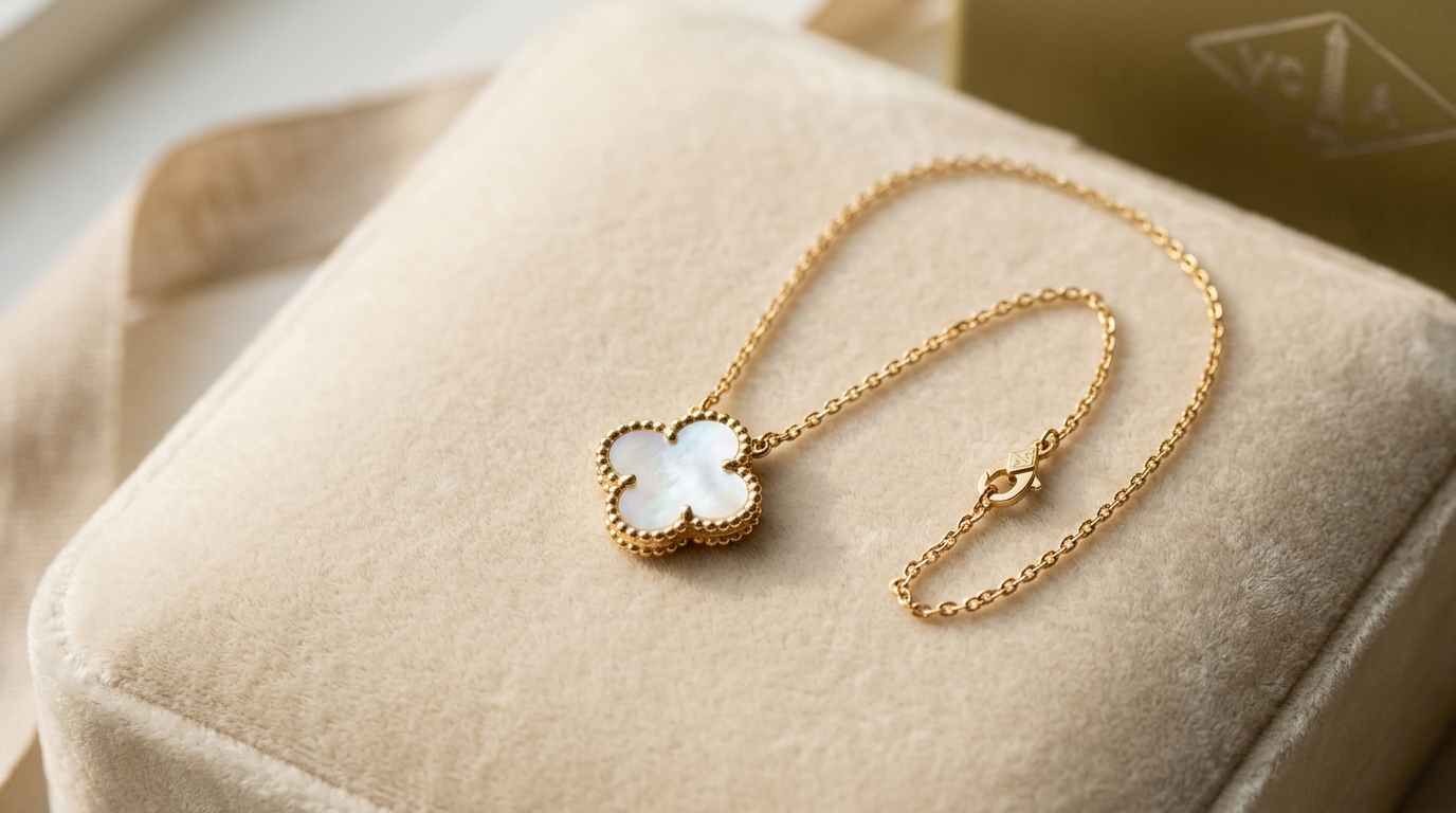 Alhambra four-leaf clover pendant necklace in gold with mother of pearl on cream velvet