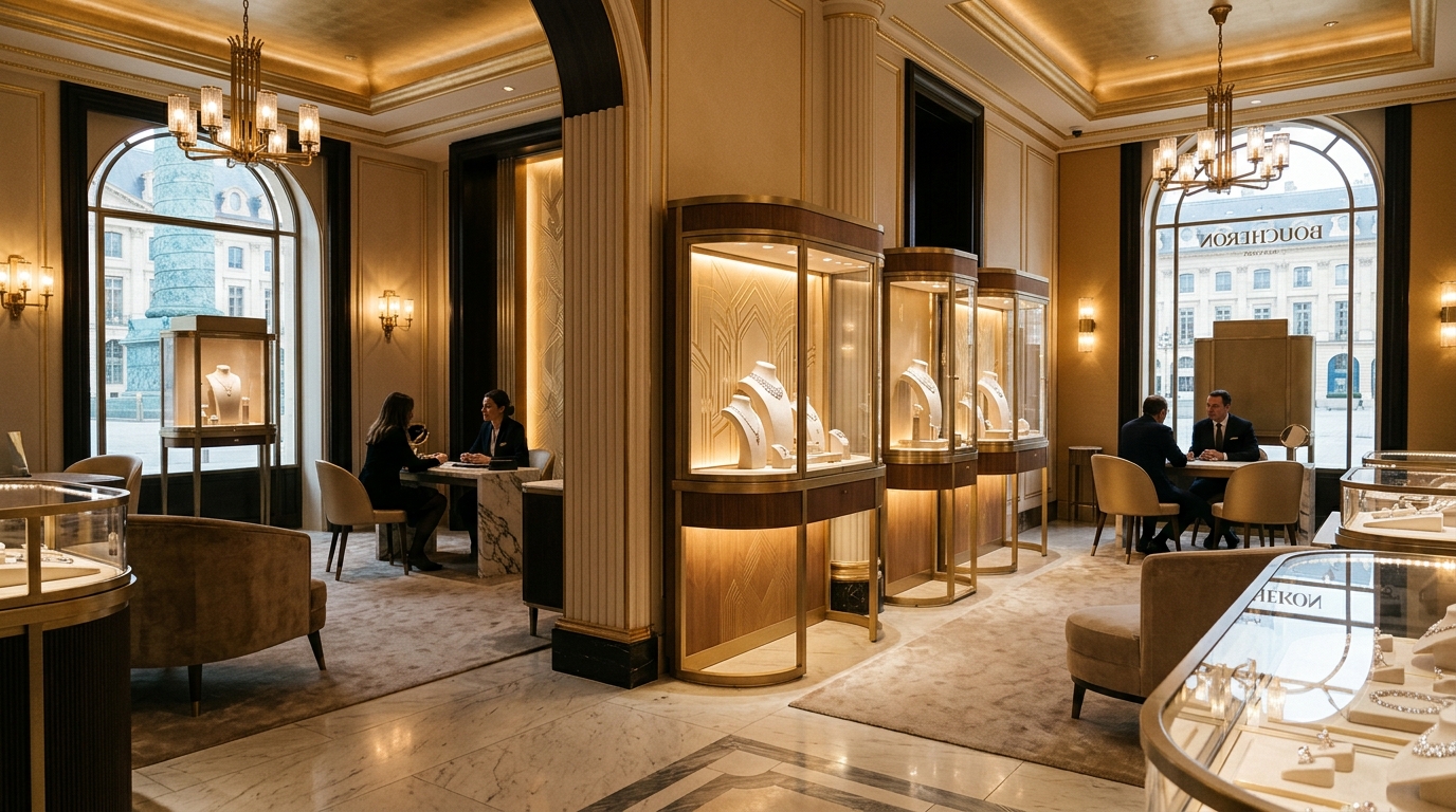 Interior of an elegant high jewelry boutique on Place Vendôme, Paris, with warm golden lighting, marble surfaces and private consultation areas