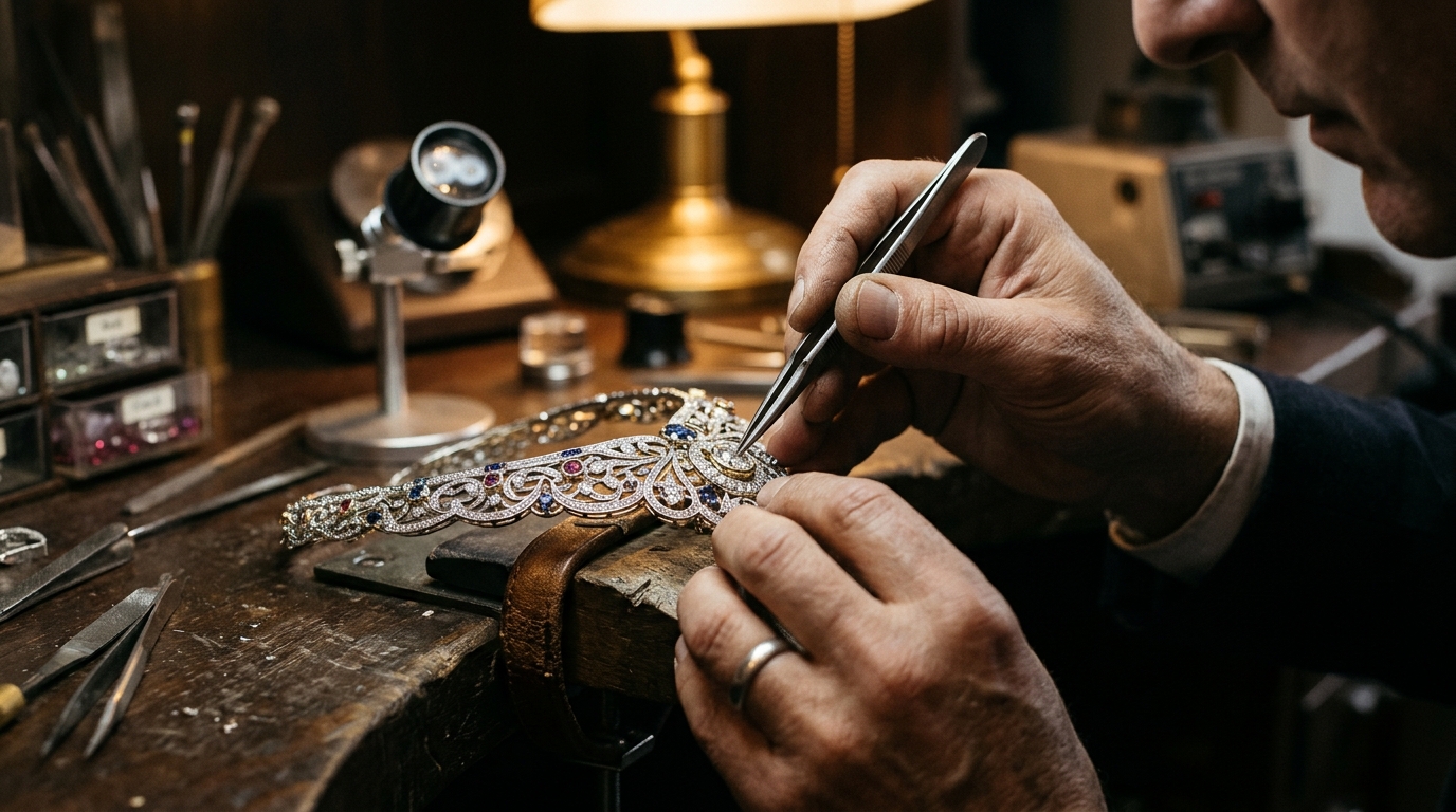 Van Cleef & Arpels Mains d'Or master jeweler working at the Paris atelier workbench with high jewelry tools