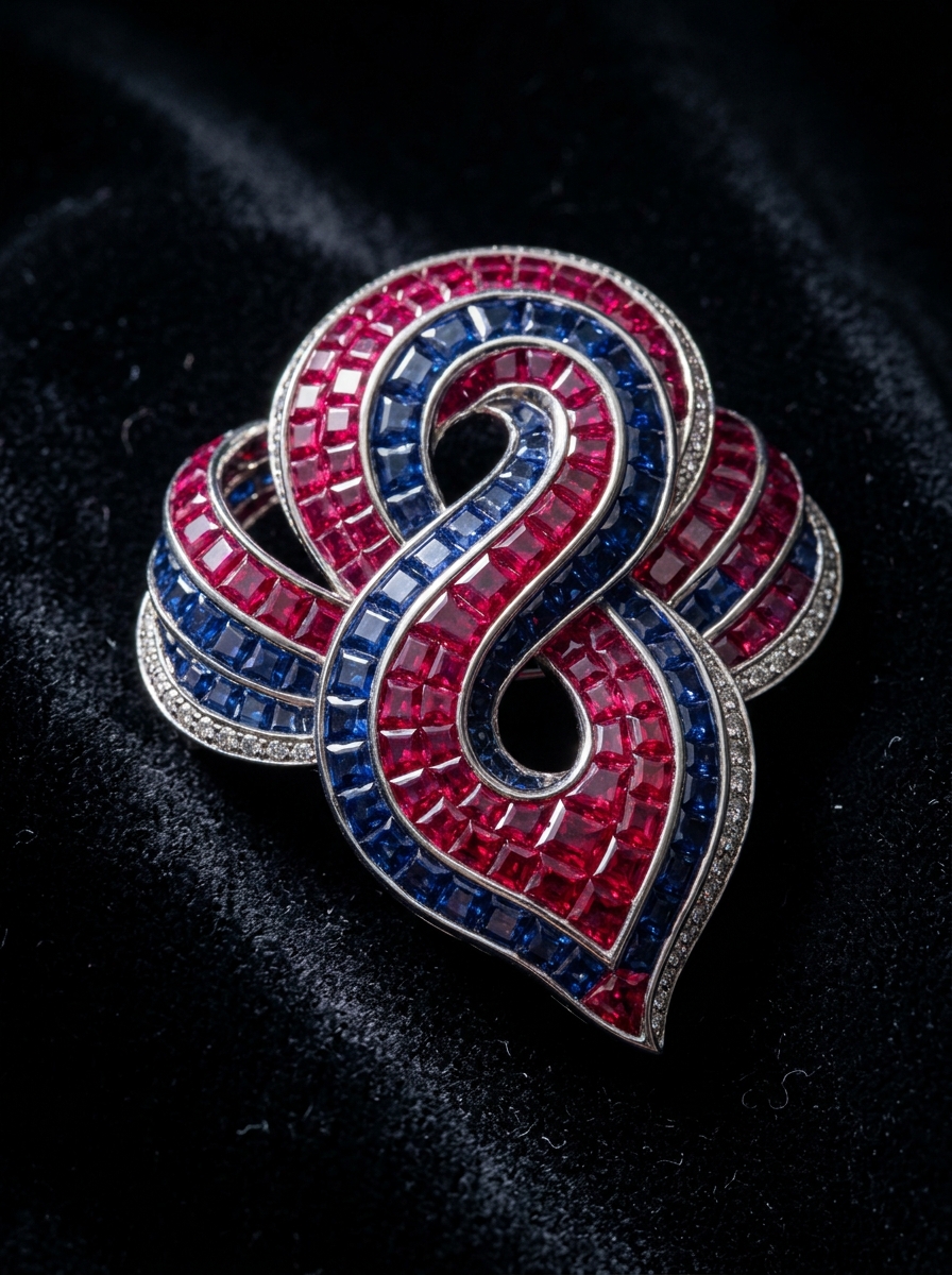 High jewelry clip brooch featuring the Mystery Set technique with rubies and sapphires seamlessly set without visible prongs