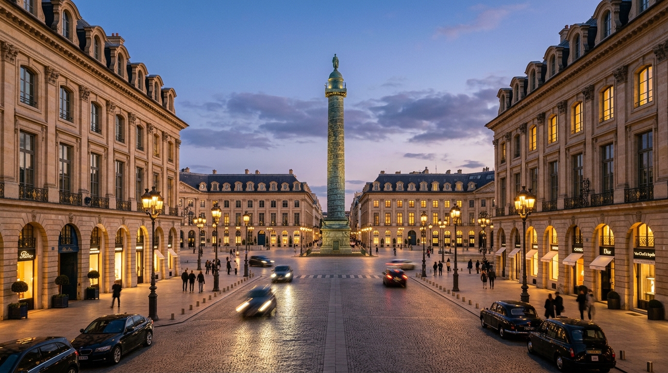 Place Vendôme in Paris at dusk, showing the Vendôme column and the neoclassical facades of luxury Maison boutiques