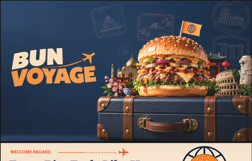 Bun Voyage brand hero: Gourmet burger on vintage travel luggage against deep navy background with airplane logo